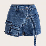 ICON Pantalones Cortos De De Jean Para Mujer Con Rayas Decorativas De Estilo Utilitario
