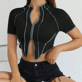 EZwear Camiseta corta con dobladillo dividido y manga raglan con pespuntes