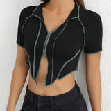 EZwear Camiseta corta con dobladillo dividido y manga raglan con pespuntes