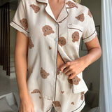 Conjunto de pijama con estampado de oso ribete en contraste