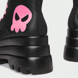 Goth Botas de combate delanteras con cordones y estampado de calavera para mujer, botas de moda punk para exteriores