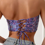 Top bikini bandeau con estampado de espalda abierta con cordon