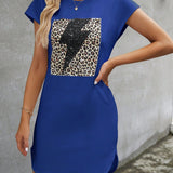 Vestido estilo camiseta con estampado de leopardo de manga murcielago bajo curvo