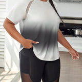 Yoga Trendy Talla grande Camiseta deportiva con estampado de ombre de manga raglan bajo curvo