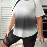 Yoga Trendy Talla grande Camiseta deportiva con estampado de ombre de manga raglan bajo curvo