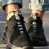 Zapatillas de deporte con detalle de letras negras para mujer, zapatillas de correr delanteras con cordones y punta redonda