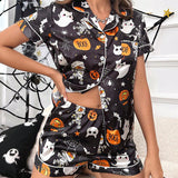Conjunto de pijama con estampado de halloween ribete en contraste