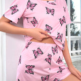 Conjunto de pijama shorts con camiseta con estampado de mariposa