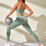 Conjunto deportivo Yoga basico inconsutil con estiramiento alto con estampado de leopardo de espalda con tira cruzada