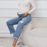 Maternidad Jeans de cintura ancha desgarro bajo crudo