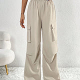 Tall Pantalones unicolor de cintura elastica con bolsillo lateral con solapa