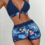 Swim Vcay Conjunto de bikini con estampado tropical Vestido de baño de 2 piezas con sujetador halter y calzoncillos tipo boxer