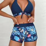 Swim Vcay Conjunto de bikini con estampado tropical Vestido de baño de 2 piezas con sujetador halter y calzoncillos tipo boxer