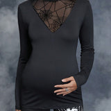 Maternidad Camiseta Halloween con estampado de telarana de malla de cuello alto
