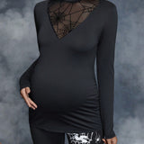 Maternidad Camiseta Halloween con estampado de telarana de malla de cuello alto