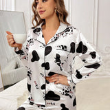 Conjunto de pijama con letra con estampado de vaca ribete en contraste de saten