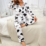 Conjunto de pijama con letra con estampado de vaca ribete en contraste de saten