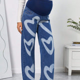 Jeans premama de pernera ancha con estampado de corazones y cintura ancha