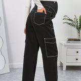 Maternidad Jeans cargo de cintura ancha con puntada con bolsillo lateral con solapa