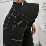 Maternidad Jeans cargo de cintura ancha con puntada con bolsillo lateral con solapa