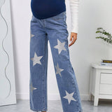Maternidad Jeans de pierna recta de cintura ancha con estampado de estrella