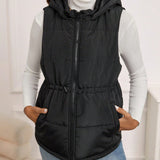 Maternidad Abrigo acolchado chaleco de cintura con cordon con bolsillo oblicuo cremallera con capucha