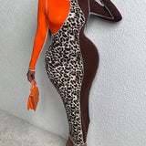 Slayr Vestido ajustado con estampado de leopardo de color combinado con puntada