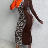 Slayr Vestido ajustado con estampado de leopardo de color combinado con puntada