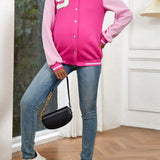 Maternidad chaqueta universitaria con ribete de rayas y parches con letras
