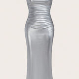 EZwear Vestido ajustado tubo fruncido cuero PU