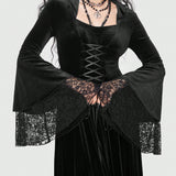 Goth Vestido con cordon delantero de manga campana de terciopelo