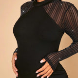 Maternidad Vestido ajustado de cuello alto de malla en contraste