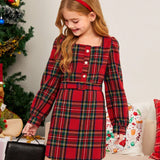 Kids FANZEY Chica preadolescente 1 pieza Vestido con estampado de tartan de cuello cuadrado con cinturon con hebilla para Navidad