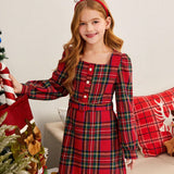 Kids FANZEY Chica preadolescente 1 pieza Vestido con estampado de tartan de cuello cuadrado con cinturon con hebilla para Navidad