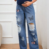 Maternidad Jeans de pierna recta con estampado de mariposa desgarro