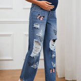 Maternidad Jeans de pierna recta con estampado de mariposa desgarro