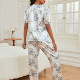 Conjunto de pijama con estampado floral de manga farol de saten
