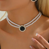 1 Pieza Collar De Perlas Redondas Y 1 Par De Aretes De Perlas Geometricas