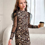 Kids Y2Kool Chica preadolescente Vestido con estampado de leopardo de malla en contraste de manga gigot de cuello alto