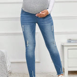 Maternidad Jeans ajustados de cintura ancha desgarro ribete sin dobladillo