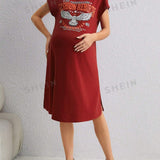 Maternidad vestido estilo camiseta con estampado de aguila y letra, manga de murcielago