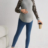 Maternidad Camiseta con estampado de leopardo de manga raglan bajo curvo