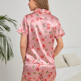 Conjunto de pijama con estampado de cereza ribete en contraste de saten
