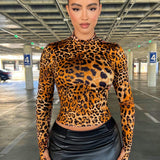 SXY Camiseta Corta Con Cuello Alto Y Estampado De Leopardo Para Mujer, Atuendo Sexy De Mujer Para El Club De Vispera De Ano Nuevo