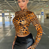 SXY Camiseta Corta Con Cuello Alto Y Estampado De Leopardo Para Mujer, Atuendo Sexy De Mujer Para El Club De Vispera De Ano Nuevo
