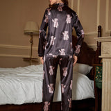 Conjunto de pijama con estampado de oso de saten