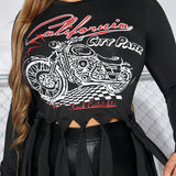 SXY Camiseta con estampado de motocicleta y letra bajo asimetrico