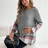 Maternidad Camiseta con estampado de cuadros de manga raglan bajo cruzado