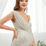 Maternidad Vestido de tirantes de muslo con abertura con lentejuelas