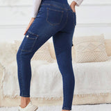 Maternidad Jeans ajustados de cintura ancha con bolsillo lateral con solapa